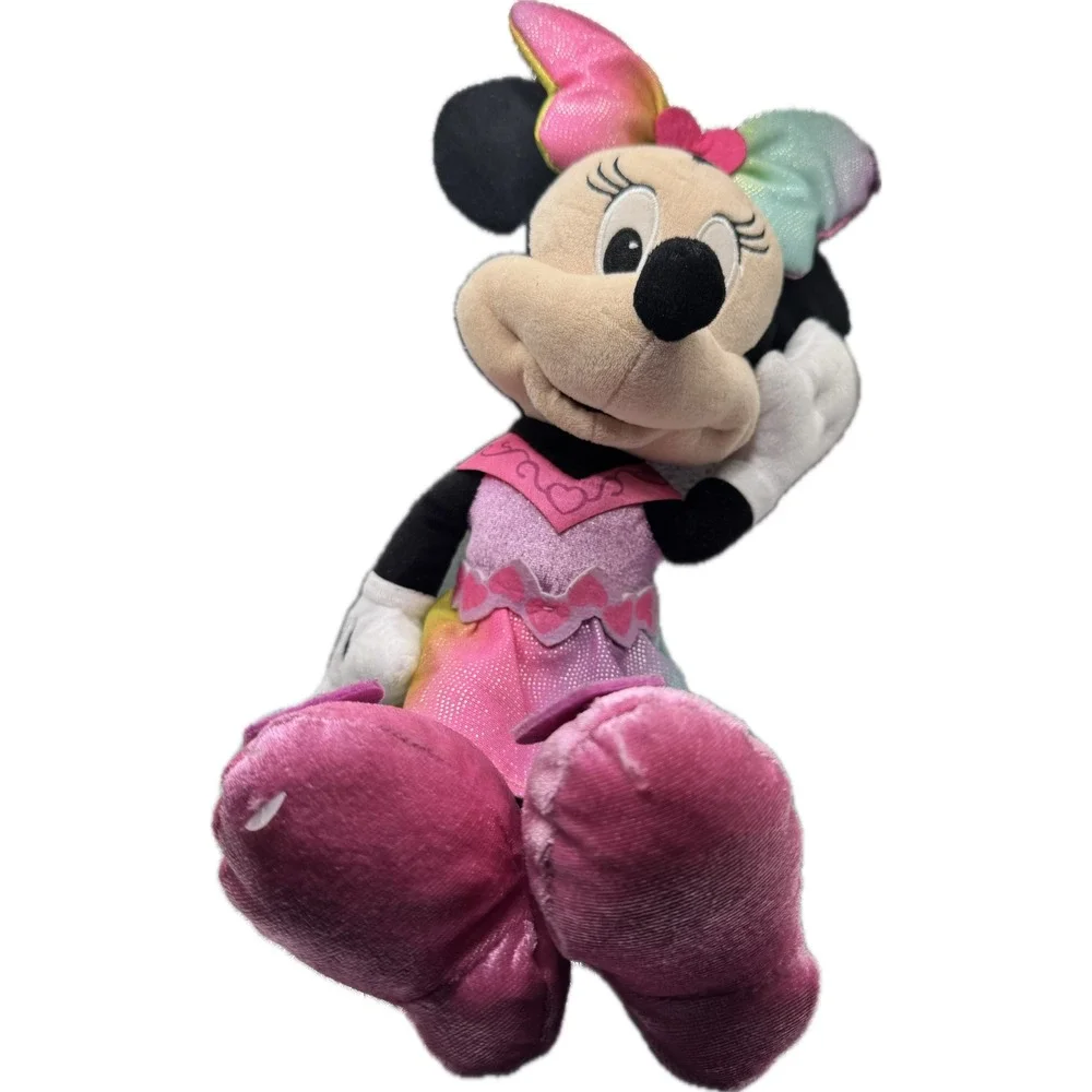 Disney Minnie Mouse Plush Rainbow Pink Heart Dress‎ 15 Inch Stuffed Animal Toy